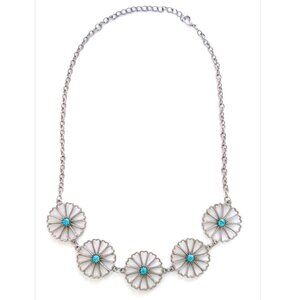 Silver Tone Concho Wagon Wheel Necklace w/Blue Stones Boho Bohemian Cowgirl